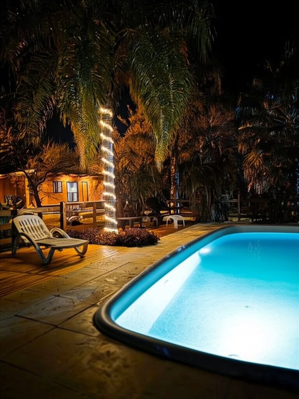 La pileta iluminada y las palmeras con luces